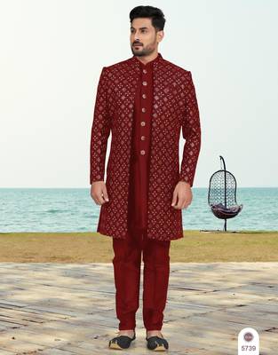 Maroon colour full computer amrodery two pice sherwani set with thred  work with fancy botton 1