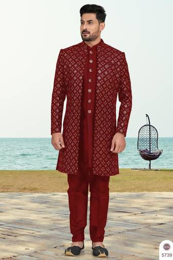 Maroon colour full computer amrodery two pice sherwani set with thred  work with fancy botton