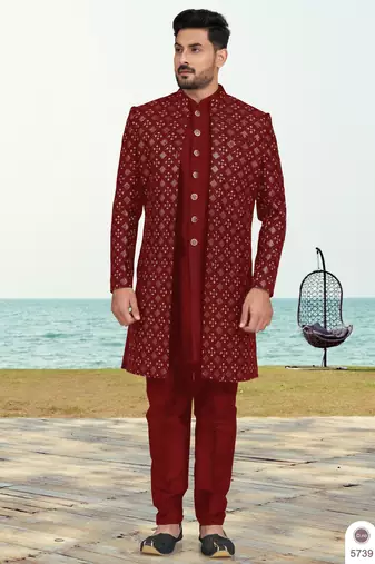 Maroon colour full computer amrodery two pice sherwani set with thred  work with fancy botton