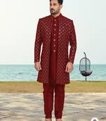 Maroon colour full computer amrodery two pice sherwani set with thred  work with fancy botton