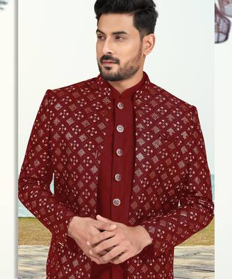 Maroon colour full computer amrodery two pice sherwani set with thred  work with fancy botton 2