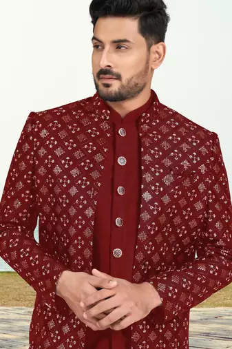 Maroon colour full computer amrodery two pice sherwani set with thred  work with fancy botton