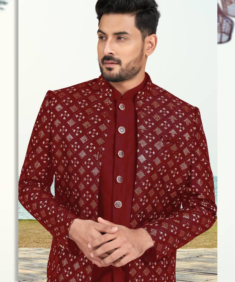 Maroon colour full computer amrodery two pice sherwani set with thred  work with fancy botton