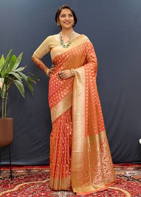 Orange banarasi silk blend saree with zari buti & rich woven border 1