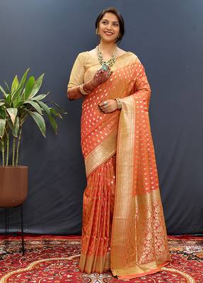 Orange banarasi silk blend saree with zari buti & rich woven border 2