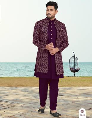 Purple colour full computer amrodery two pice sherwani set with thred  work with fancy botton 1