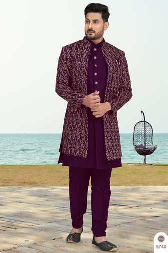 Purple colour full computer amrodery two pice sherwani set with thred  work with fancy botton
