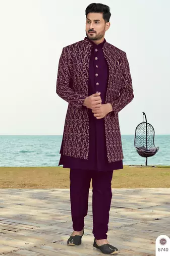 Purple colour full computer amrodery two pice sherwani set with thred  work with fancy botton
