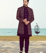 Purple colour full computer amrodery two pice sherwani set with thred  work with fancy botton