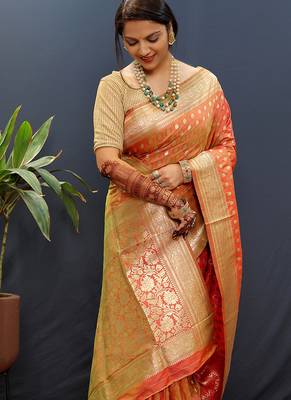 Orange banarasi silk blend saree with zari buti & rich woven border 3