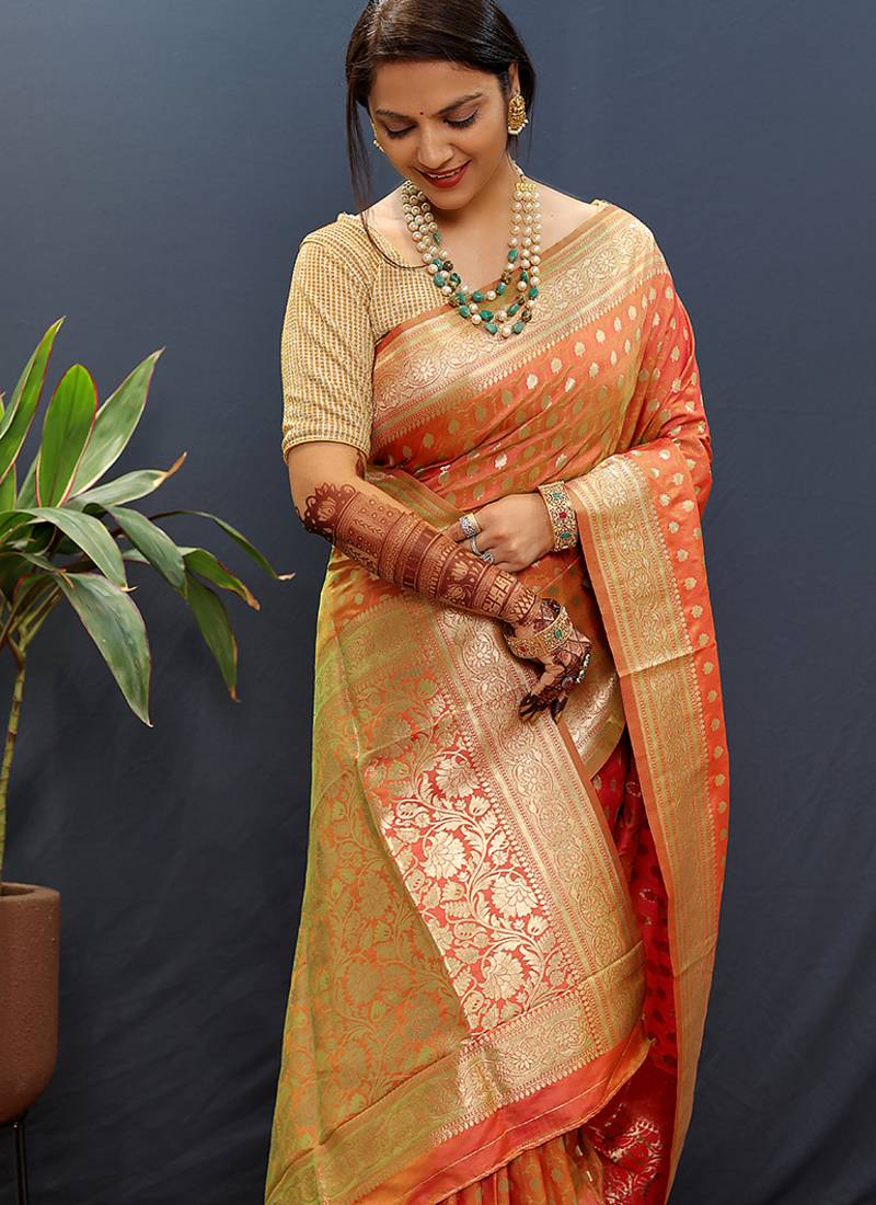Orange banarasi silk blend saree with zari buti & rich woven border