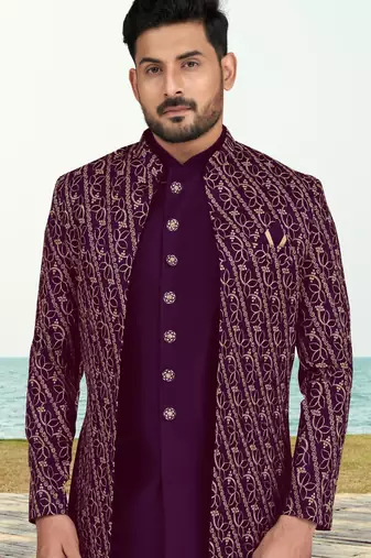 Purple colour full computer amrodery two pice sherwani set with thred  work with fancy botton