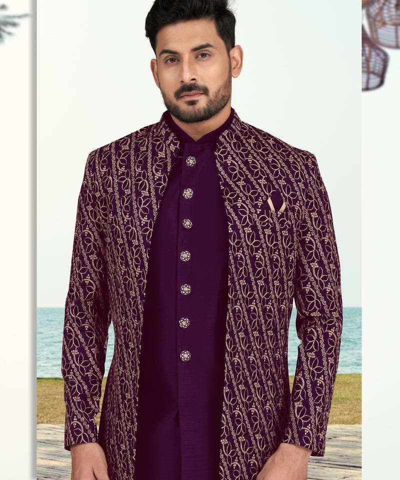 Purple colour full computer amrodery two pice sherwani set with thred  work with fancy botton