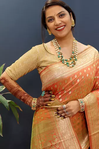Orange banarasi silk blend saree with zari buti & rich woven border