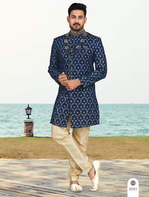 Blue colour full computer amrodery sherwani set with thred and stone work with handwork botton, collar 1
