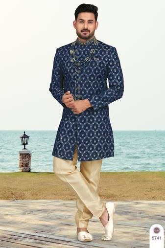 Blue colour full computer amrodery sherwani set with thred and stone work with handwork botton, collar