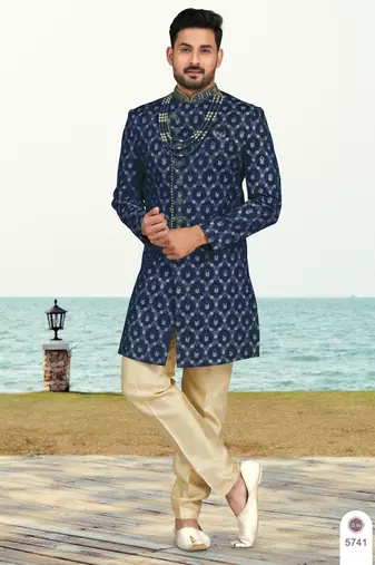Blue colour full computer amrodery sherwani set with thred and stone work with handwork botton, collar