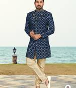 Blue colour full computer amrodery sherwani set with thred and stone work with handwork botton, collar