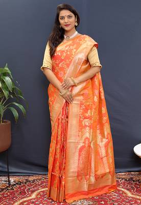 Orange banarasi silk blend saree with all-over gold zari floral jaal 1