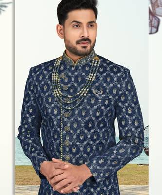 Blue colour full computer amrodery sherwani set with thred and stone work with handwork botton, collar 2