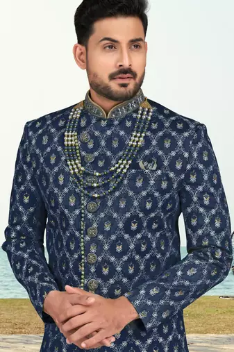 Blue colour full computer amrodery sherwani set with thred and stone work with handwork botton, collar