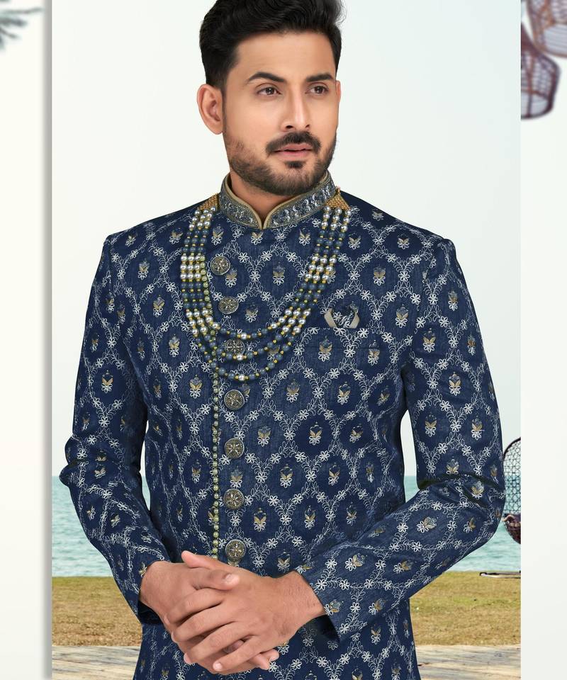 Blue colour full computer amrodery sherwani set with thred and stone work with handwork botton, collar