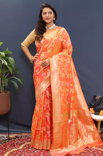 Orange banarasi silk blend saree with all-over gold zari floral jaal