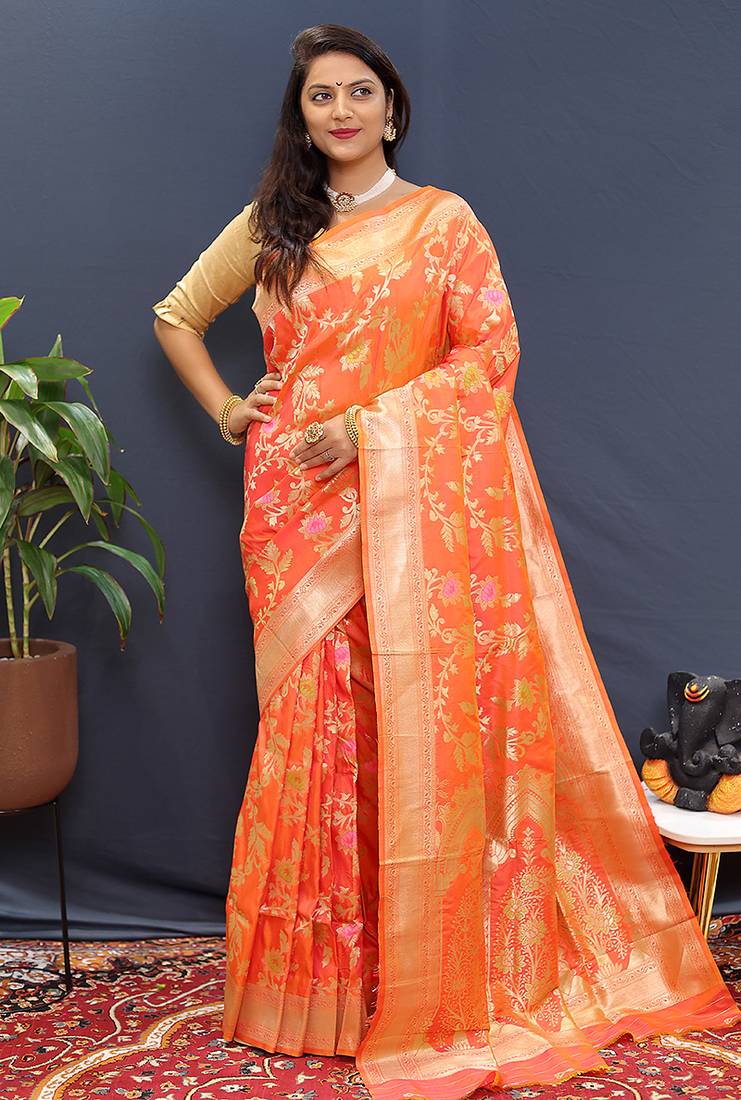 Orange banarasi silk blend saree with all-over gold zari floral jaal