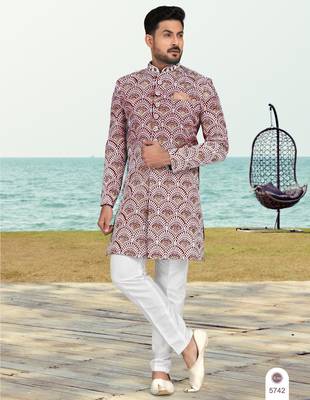 Maroon & off white full computer amrodery two pice sherwani set with thred  work with fancy botton 1