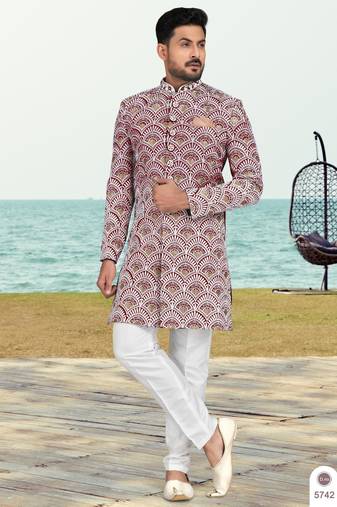 Maroon & off white full computer amrodery two pice sherwani set with thred  work with fancy botton