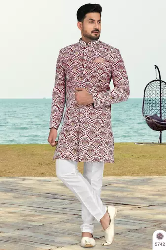 Maroon & off white full computer amrodery two pice sherwani set with thred  work with fancy botton