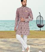 Maroon & off white full computer amrodery two pice sherwani set with thred  work with fancy botton