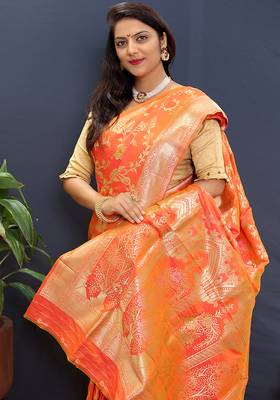 Orange banarasi silk blend saree with all-over gold zari floral jaal 3