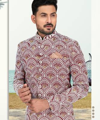 Maroon & off white full computer amrodery two pice sherwani set with thred  work with fancy botton 2