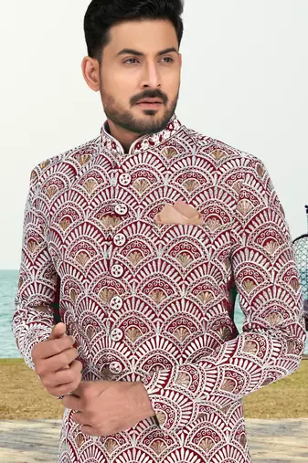 Maroon & off white full computer amrodery two pice sherwani set with thred  work with fancy botton