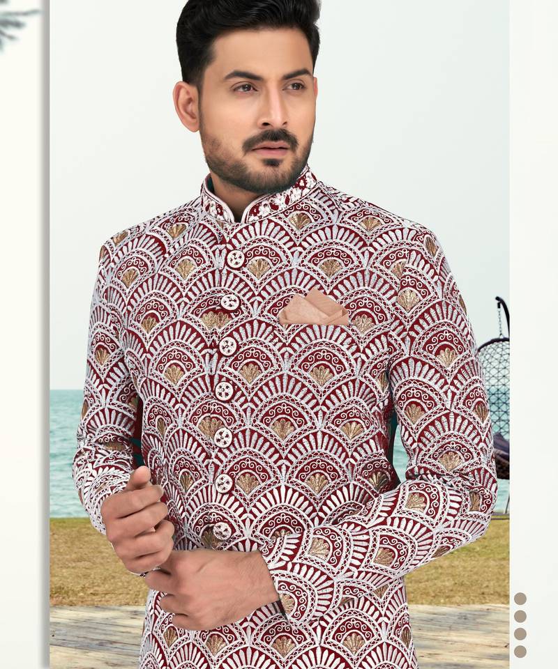 Maroon & off white full computer amrodery two pice sherwani set with thred  work with fancy botton