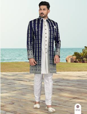 Nevy blue & off white full computer amrodery sherwani set with thred and stone work with handwork botton, collar 1