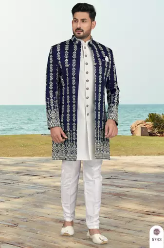 Nevy blue & off white full computer amrodery sherwani set with thred and stone work with handwork botton, collar