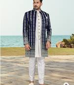 Nevy blue & off white full computer amrodery sherwani set with thred and stone work with handwork botton, collar