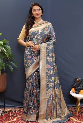Grey banarasi silk blend saree with all-over gold zari floral jaal 1