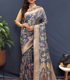 Grey banarasi silk blend saree with all-over gold zari floral jaal