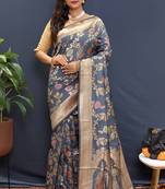 Grey banarasi silk blend saree with all-over gold zari floral jaal