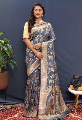 Grey banarasi silk blend saree with all-over gold zari floral jaal 2