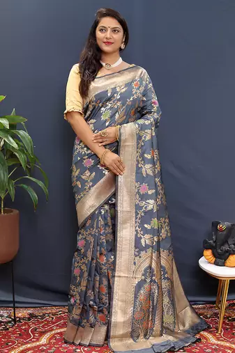 Grey banarasi silk blend saree with all-over gold zari floral jaal