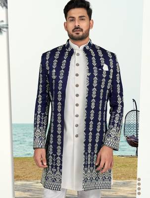 Nevy blue & off white full computer amrodery sherwani set with thred and stone work with handwork botton, collar 2