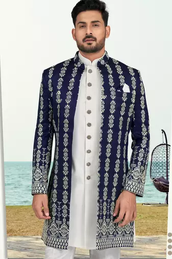 Nevy blue & off white full computer amrodery sherwani set with thred and stone work with handwork botton, collar