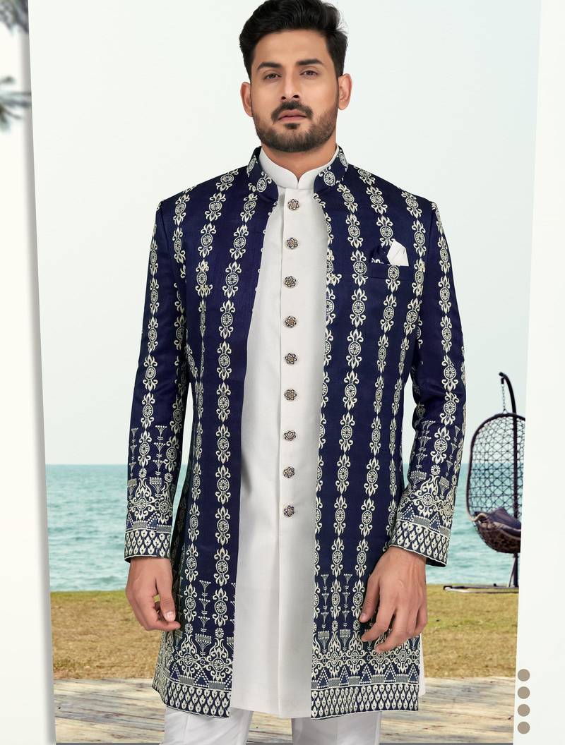 Nevy blue & off white full computer amrodery sherwani set with thred and stone work with handwork botton, collar