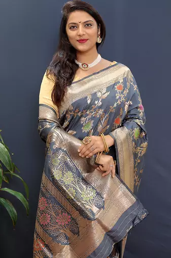 Grey banarasi silk blend saree with all-over gold zari floral jaal