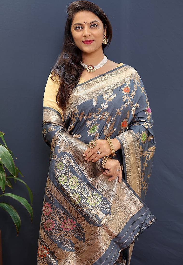 Grey banarasi silk blend saree with all-over gold zari floral jaal