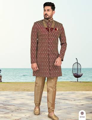 Maroon colour full computer amrodery two pice sherwani set with thred  work with fancy botton 1